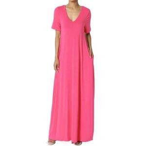 Women's NWOT Fuchsia Pink Oversized V-Neck Short Sleeve Maxi Dress Size Small